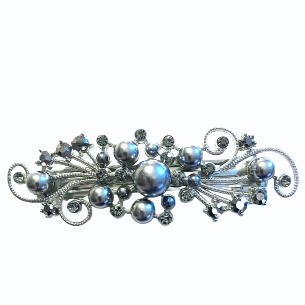 Silver Tone Design Barrette With Crystals & Faux Pearls